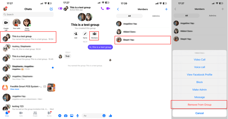 Cette image décrit comment retirer quelqu'un d'une conversation de groupe sur Messenger. Ouvrez la conversation de groupe, puis cliquez sur Membres, sélectionnez ensuite le membre que vous souhaitez supprimer et cliquez sur Supprimer du groupe.