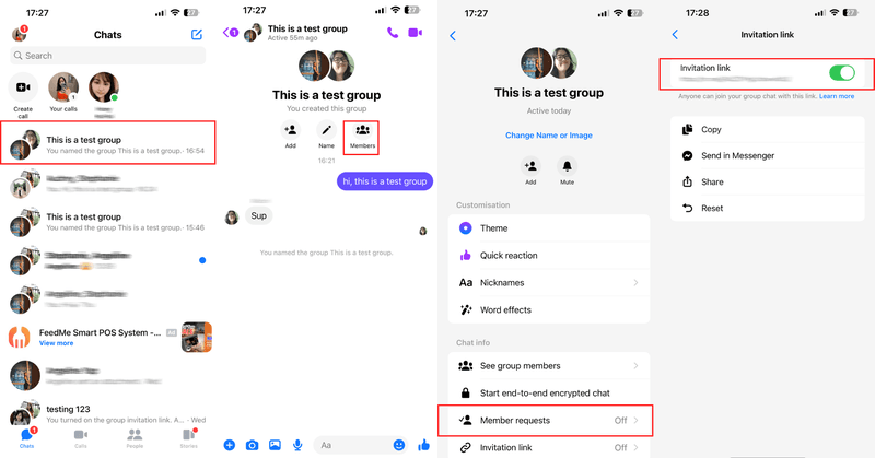 Esta es una imagen que describe cómo generar un enlace de invitación para tu chat de grupo. Abre la conversación de grupo, haz clic en el nombre de tu chat de grupo, haz clic en el enlace de invitación y, por último, activa el interruptor.