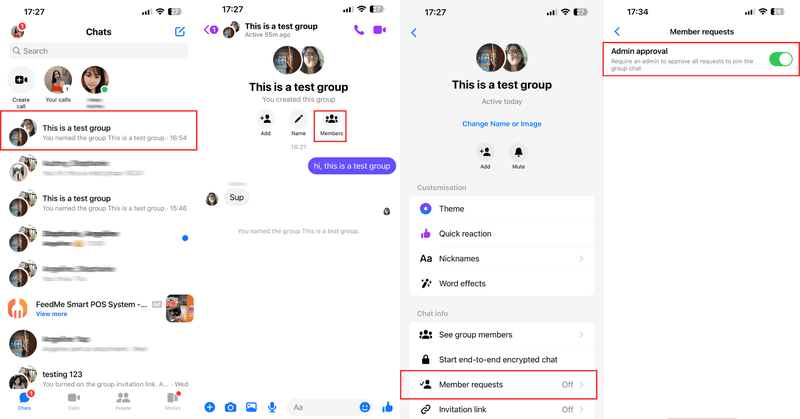 This is an image that describes how to turn on admin approval for your group chat Facebook Messenger. First, open the group conversation, then click the name of your group chat, next click member requests and finally turn the toggle on. 