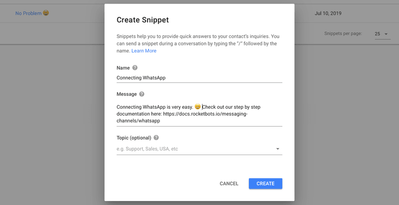 Crear un Snippet en la plataforma Rocketbots es como añadir una respuesta enlatada.