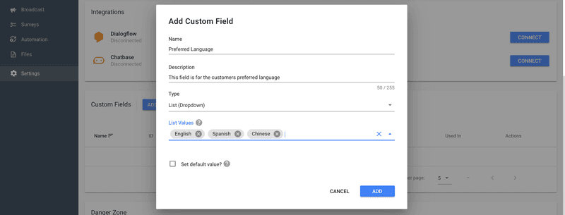 สร้างฟิลด์ที่กําหนดเองเพื่อบันทึกข้อมูลเพื่อเริ่มต้นใช้งาน Chat Automation