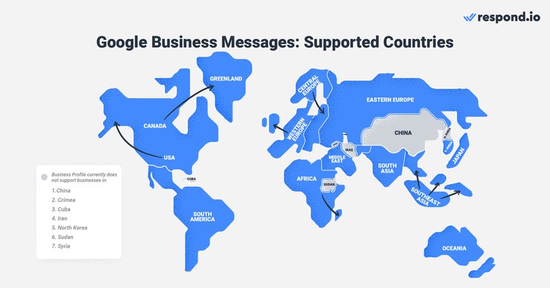 Esta imagem mostra os países onde o chat do Google Business Profile é suportado. O Business Profile no Google só é proibido em alguns países, como a China. 