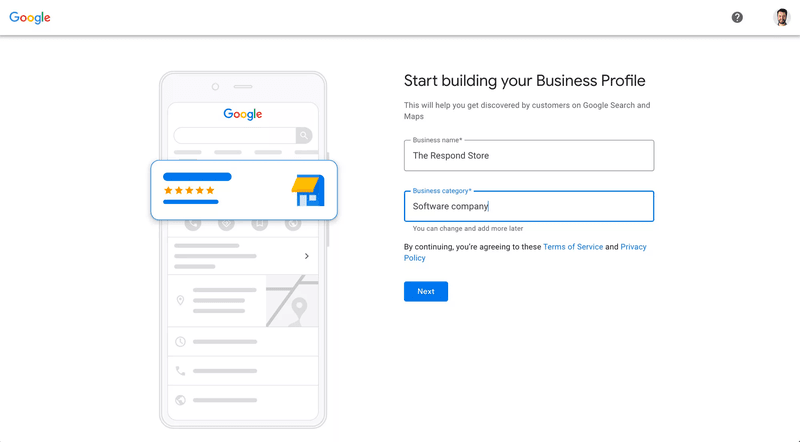 Esta imagem mostra como criar um Google Business Profile. Comece por introduzir o nome da sua empresa e as categorias do Google Business Profile . 