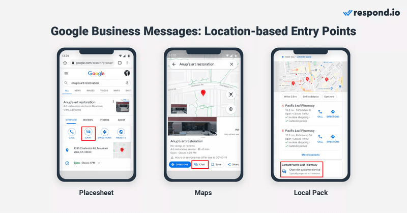 This image shows the Business Messages Google location-based entry points: Placesheet, Maps and Local Pack. They are beneficial for businesses to help new customers in the area discover them and generate Google Business Profile Messages.