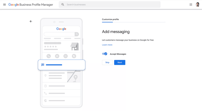 This image shows how to enable messaging to start receiving customer messages