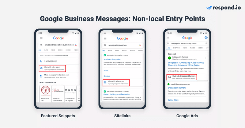 Cette image montre les points d'entrée du chat non local sur Google Business Profile . Les clients peuvent entamer des conversations avec votre entreprise lorsqu'ils découvrent des extraits vedettes, des sitelinks et des annonces Google sur Google Search.