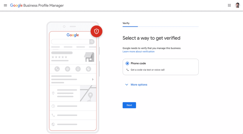 ภาพนี้แสดงวิธีการรับ Google Business Profile หลักฐาน เลือกวิธีการยืนยันเพื่อให้สามารถจัดการได้ Business Profile กูเกิล.