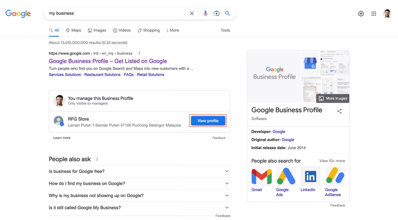 這張圖片顯示了添加Google的第一步 Business Profile 聊天。首先搜索您的 Business Profile ，然後點擊查看個人資料