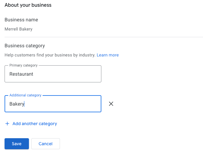 captura de ecrã de como alterar a categoria da empresa no Google My Business. Defina a categoria principal da sua empresa para uma que permita adicionar um link de contacto do WhatsApp. Em seguida, pode adicionar uma categoria de empresa adicional mais específica. 