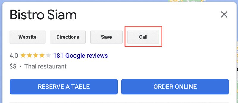 скриншот кнопки click-to-call на странице профиля "Мой бизнес" Google