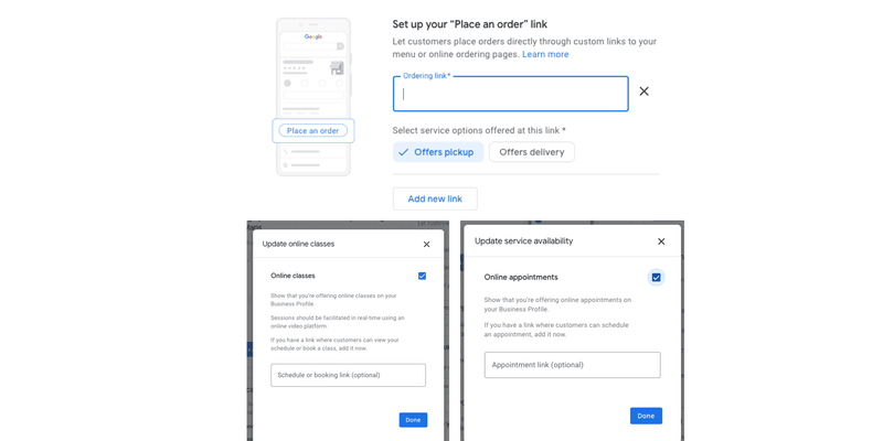 ภาพหน้าจอของตําแหน่งที่จะเพิ่มลิงก์ WhatsApp ของคุณใน Google My Business สําหรับร้านอาหารจะอยู่ภายใต้ "สั่งซื้อ" สําหรับธุรกิจการศึกษาหรือการฝึกสอน อยู่ภายใต้ "อัปเดตชั้นเรียนออนไลน์" สําหรับธุรกิจประเภทอื่นๆ อาจเป็น "อัปเดตการนัดหมายออนไลน์" 