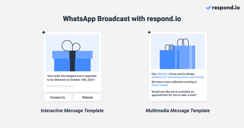 這是一張描述如何使用 whatsapp 廣播的圖像 respond.io.向您加入的聯繫人發送廣播是一個簡單的過程 respond.io.選擇您要聯繫的聯繫人，然後使用媒體附件創建郵件內容，使其更具互動性。完成後，請立即發送或提前安排。