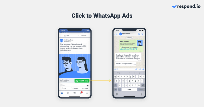 นี่คือรูปภาพที่แสดงวิธีการทํางานของโฆษณาคลิกเพื่อ WhatsApp Click to WhatsApp Ad เป็นโฆษณาบน Facebook ที่มีปุ่มกระตุ้นให้ดําเนินการส่ง WhatsApp Click to WhatsApp Ads ทํางานเกือบจะเหมือนกับ Click to Messenger Ads แต่การคลิกที่โฆษณาเหล่านั้นจะเป็นการเปิดการสนทนา WhatsApp แทนการแชทใน Messenger ตรวจสอบบล็อกของเราเพื่อเรียนรู้วิธีใช้ WhatsApp Link Creator 