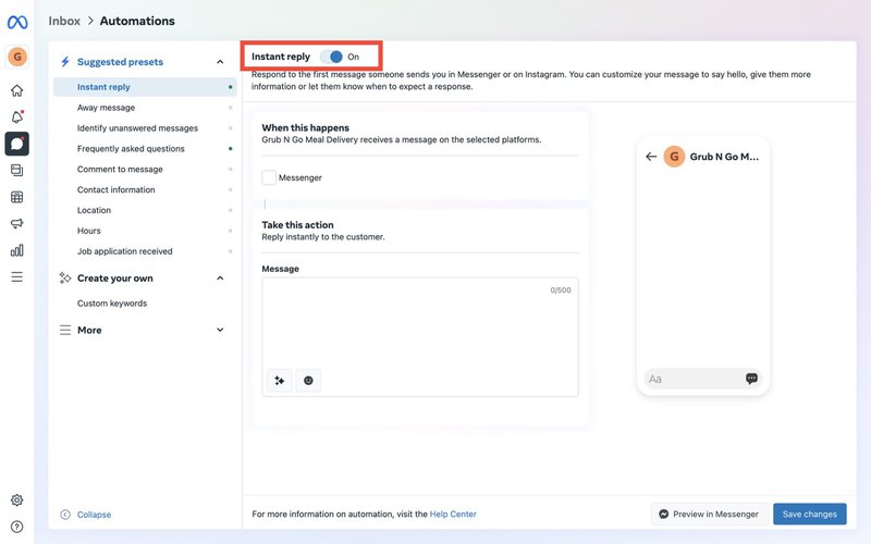 Dieses Bild veranschaulicht die Schritte zum Erstellen von Facebook Messenger Auto-Antworten oder automatischen Facebook-Antworten über den Facebook-Posteingang. Der dritte Schritt zum Erstellen von facebook messenger Auto-Antwort ist das Navigieren zu Sofortige Antwort und das Einschalten der Umschaltfunktion.  Lesen Sie den Blog, um mehr darüber zu erfahren, wie Sie die automatische Antwort in facebook messenger 2020 einrichten können. Lesen Sie den Blog für weitere Details zu facebook messenger auto reply personal account 2020