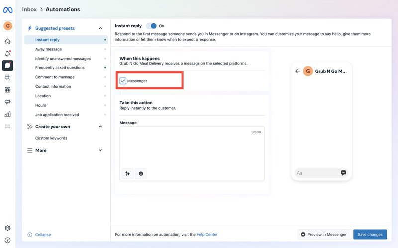 Esta é uma imagem sobre como configurar a resposta automática do Facebook Business Messenger. Para configurar a resposta automática facebook messenger, seleccione Messenger como a plataforma preferida, marcando a caixa. Leia o blogue para obter mais informações sobre como configurar a resposta automática em facebook messenger, bem como um exemplo de resposta automática em facebook messenger