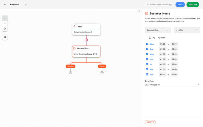 Ceci est une image montrant comment répondre automatiquement sur facebook messenger en utilisant respond.io.  Ajoutez une étape Date et Heure et définissez vos heures d'ouverture. Consultez le blog pour d'autres exemples de réponses automatiques facebook messenger pour les entreprises et pour en savoir plus sur les réponses automatiques facebook messenger pour les comptes personnels.