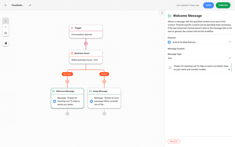 Esta es una imagen que muestra cómo configurar Facebook respuestas automatizadas utilizando respond.io. En la plataforma, añada uno o varios Pasos de Enviar un Mensaje.