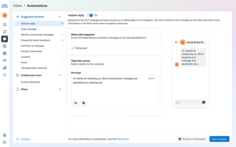 Questa è un'immagine su come impostare la risposta automatica di facebook messenger 2020. Vi chiedete come impostare la risposta automatica su facebook messenger? Componete il vostro messaggio di risposta automatica su Facebook Messenger attraverso la Posta in arrivo di Facebook. Leggete il blog per maggiori informazioni su come modificare la risposta automatica su facebook messenger.