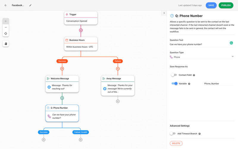 Cette image montre comment enregistrer les réponses des clients en tant que variable dans un flux de travail.