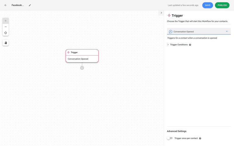 นี่คือภาพแสดงวิธีการตอบกลับอัตโนมัติบน facebook messenger ใช้ respond.io. เมื่อต้องการเริ่มต้น ให้ตั้งค่าทริกเกอร์ เวิร์กโฟลว์ เป็น เปิดการสนทนา อ่านบล็อกสําหรับรายละเอียดเพิ่มเติมเกี่ยวกับวิธีตั้งค่าการตอบกลับอัตโนมัติใน facebook messenger.