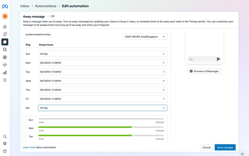 This is an image that shows how set Up an Instant Reply in Facebook Page Inbox. To do so, schedule times to be away each week in the Timing section.