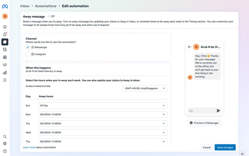 This is an image that shows how set Up an Instant Reply in Facebook Page Inbox. First, navigate to Away Message in Automations. Then, check Messenger as the preferred channel by checking the box.