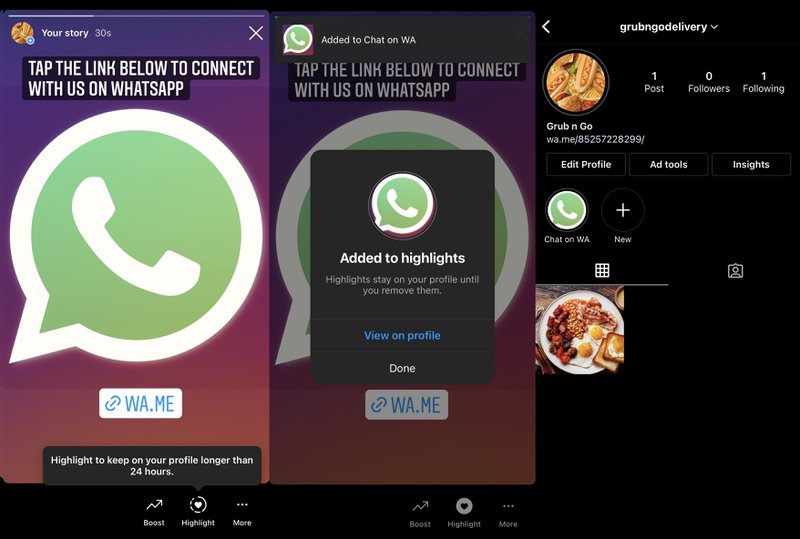 This is an image that shows how to Add WhatsApp chat link on Instagram. First, create a Story and add your WhatsApp link within. View the published story and click on Highlight to feature the story as a highlight. Name the highlight Chat on WA or something similar. Keep in mind that the name of the Highlight is limited to 15 characters. 