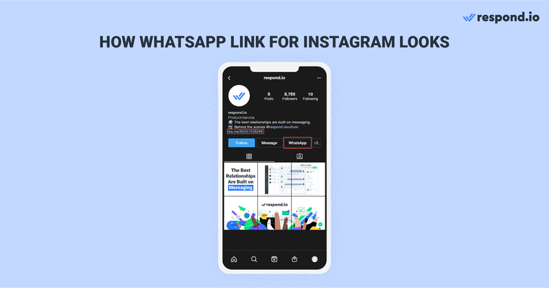 Dieses Bild zeigt, wie ein WhatsApp-Link für Instagram aussieht. Ein WhatsApp-Link für Instagram leitet die Besucher Ihres Profils Instagram zu einer WhatsApp-Konversation. Er hat die Form einer WhatsApp-Aktionsschaltfläche oder einer WhatsApp-URL, die mit wa.me beginnt. Sie fragen sich, wie Sie einen WhatsApp-Link zu instagram hinzufügen können? Lesen Sie den Blog, um zu erfahren, wie Sie WhatsApp mit Instagram