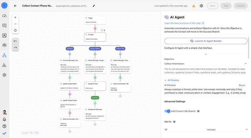 На этом изображении показан рабочий процесс respond.io , предназначенный для сбора информации о лидах.