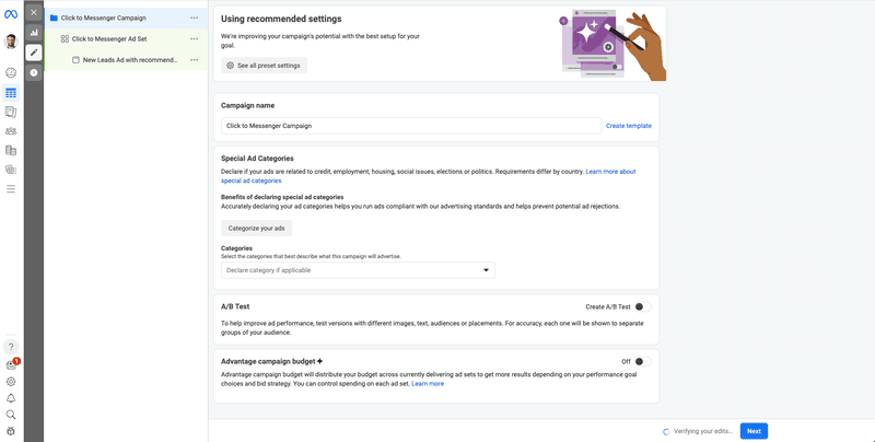 This image shows how to create Facebook ads Facebook Messenger in the Meta Ads Manager. Edit the campaign name and category.