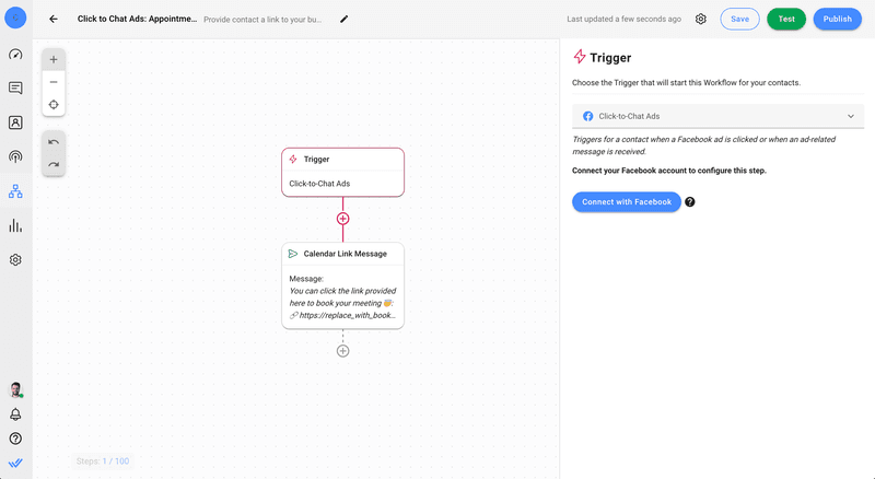 Cette image montre un flux de travail qui invite automatiquement les prospects à fixer un rendez-vous sur une application de calendrier en ligne.