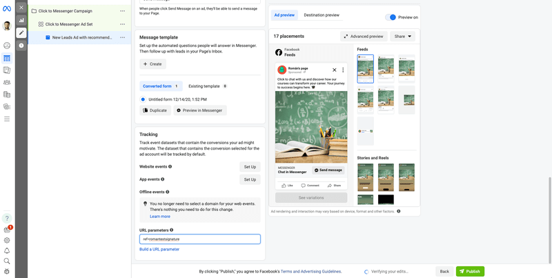 This image shows how to create click-to-messenger in the Meta Ads Manager. Add the URL parameters to track where your leads are coming from.