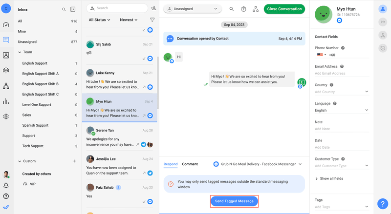 This image shows Facebook Message Tags, a useful tool to reengage with customers after the Messenger conversation window expires. You can try it now on respond.io. 