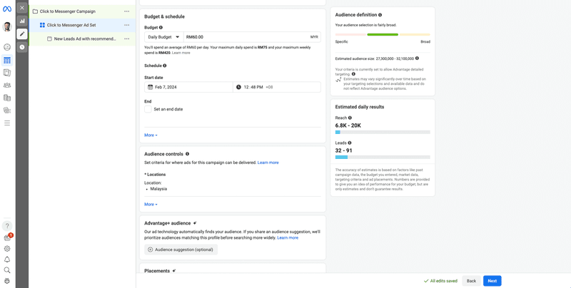 This image shows how to create Facebook ads Messenger in the Meta Ads Manager. Edit budget, schedule, audience, placements, optimization and delivery..