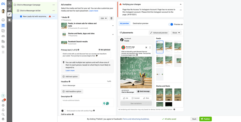 Questa immagine mostra come creare gli annunci in Facebook Messenger nel Gestore annunci di Meta . Scrivete il testo principale dell'annuncio e fornite una descrizione.