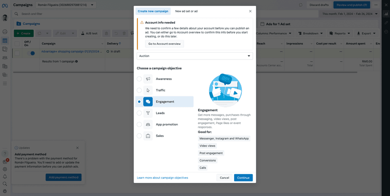 這張圖片顯示了如何在 Messenger 中創建廣告 Meta 廣告管理工具。選擇名為「潛在客戶」的行銷活動目標。