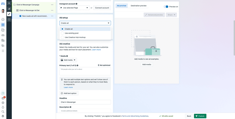 Questa immagine mostra come creare gli annunci Facebook Messenger nel Gestore annunci di Meta . Scegliere il formato dell'annuncio.