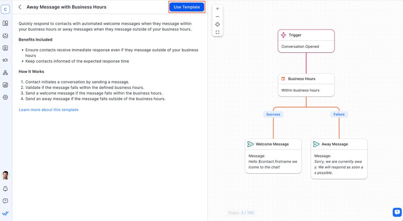 Esta imagem mostra como visualizar um modelo de fluxo de trabalho em respond.io