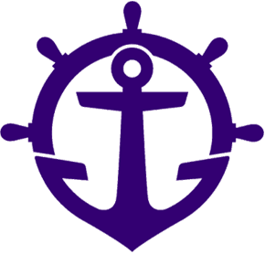 Dark purple anchor centered inside a ship's wheel with eight spokes on a transparent background. University of Portland logo.