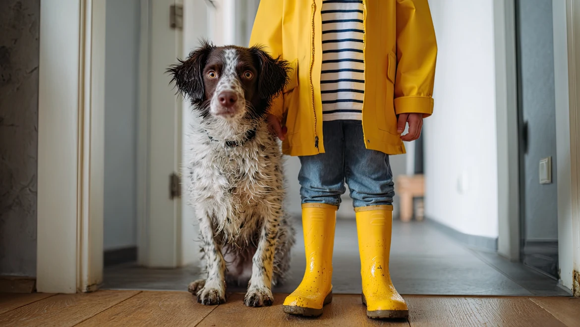 Child in a raincoat and a muddy wet dog standing inside a house.