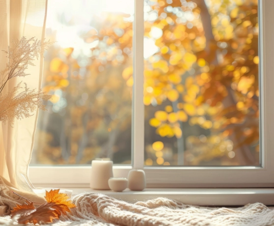 Image of a window with Fall leaves and Fall trees.