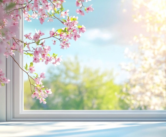 Image showing a window in Spring with blooming flowers.