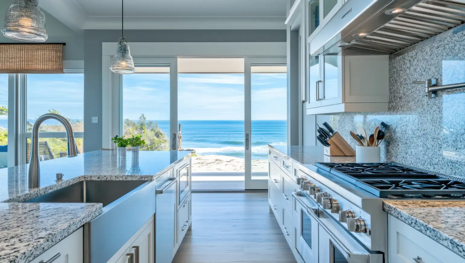 Sliding French Doors in a Kitchen Opening to a Beach
