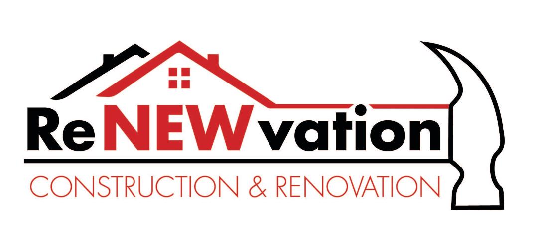 Renewvation logo featuring a stylized red and black house roof above the word 'ReNEWvation' with a hammer outline on the right and the text 'Construction & Renovation' below.