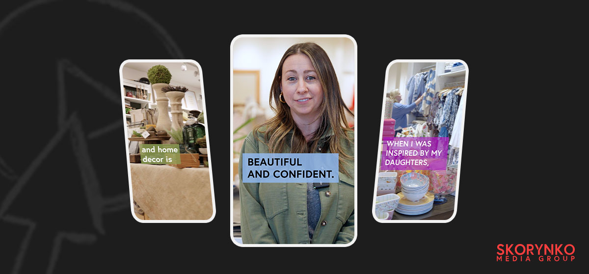 Skorynko Media Group produced short form vertical video showcase, with three screenshots of women run businesses