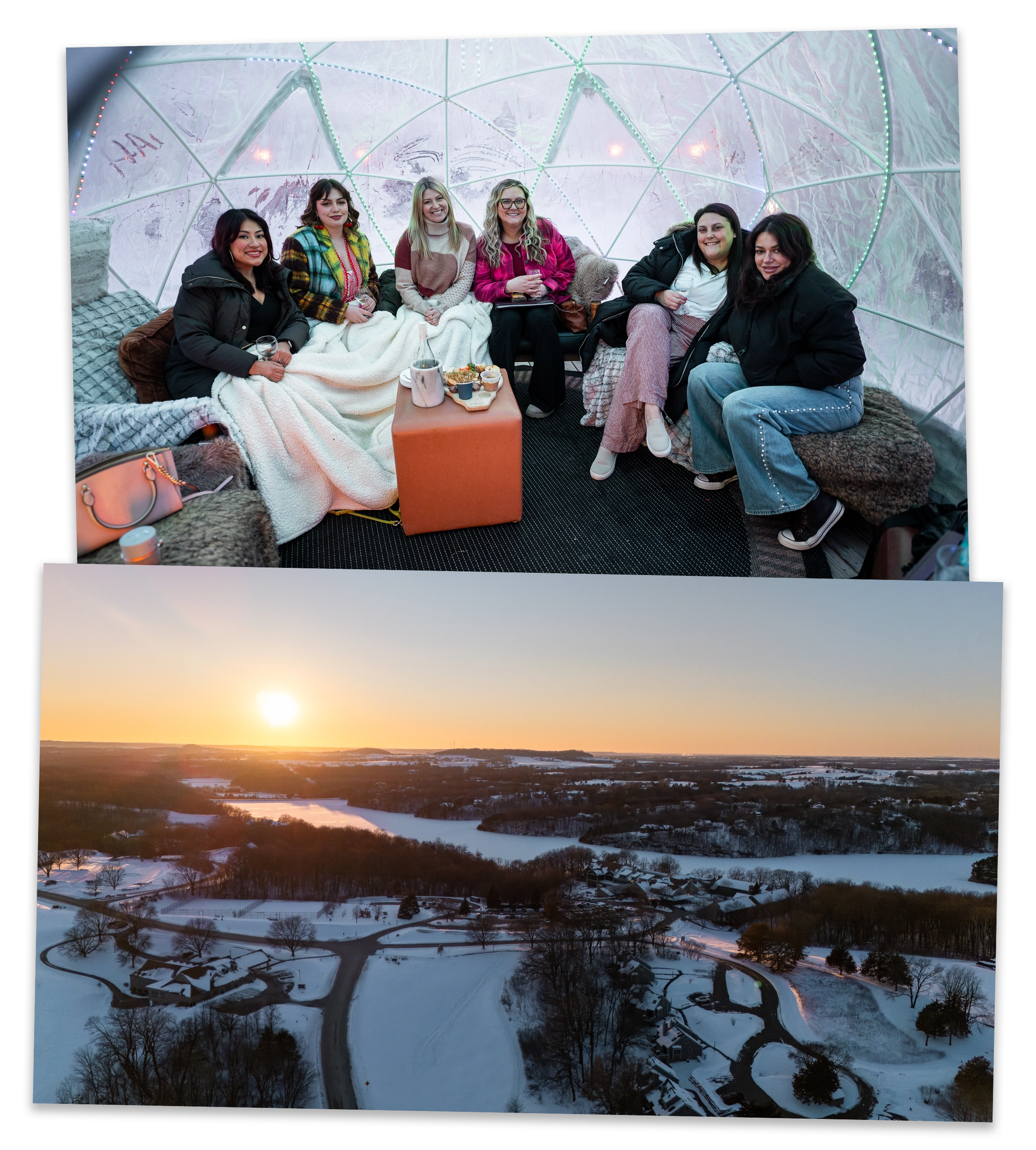 Group of people relaxing in a lit igloo with blankets and snacks, and an aerial view of a snowy landscape with a lake and sunrise, highlighting a winter retreat experience.