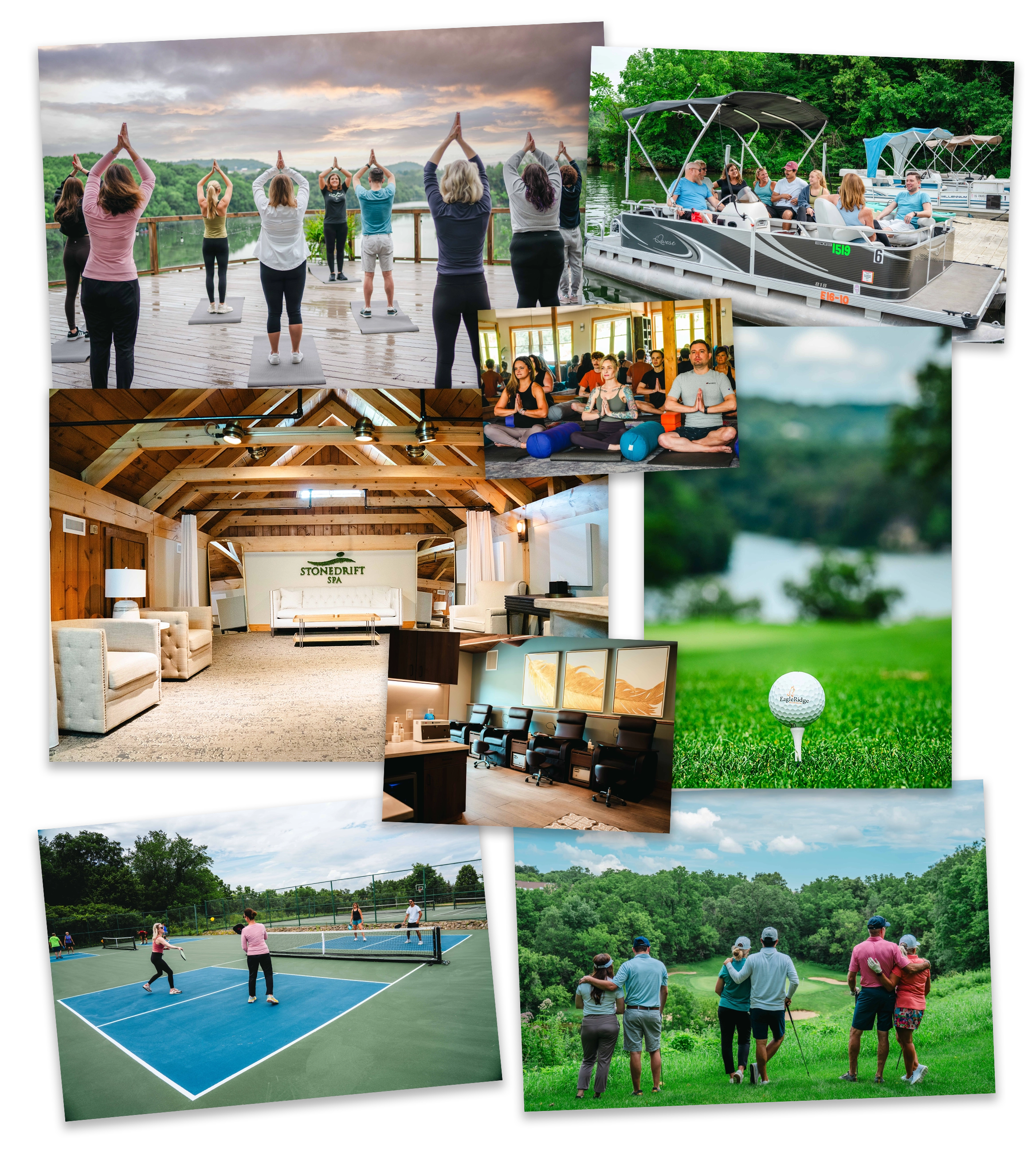 Group yoga session on a deck at Eagle Ridge Resort & Spa with scenic lake views, people on a pontoon boat, indoor spa lounge with "Stonedrift Spa" sign, golf ball on green, pickleball game, and golfers on a course, showcasing resort activities.