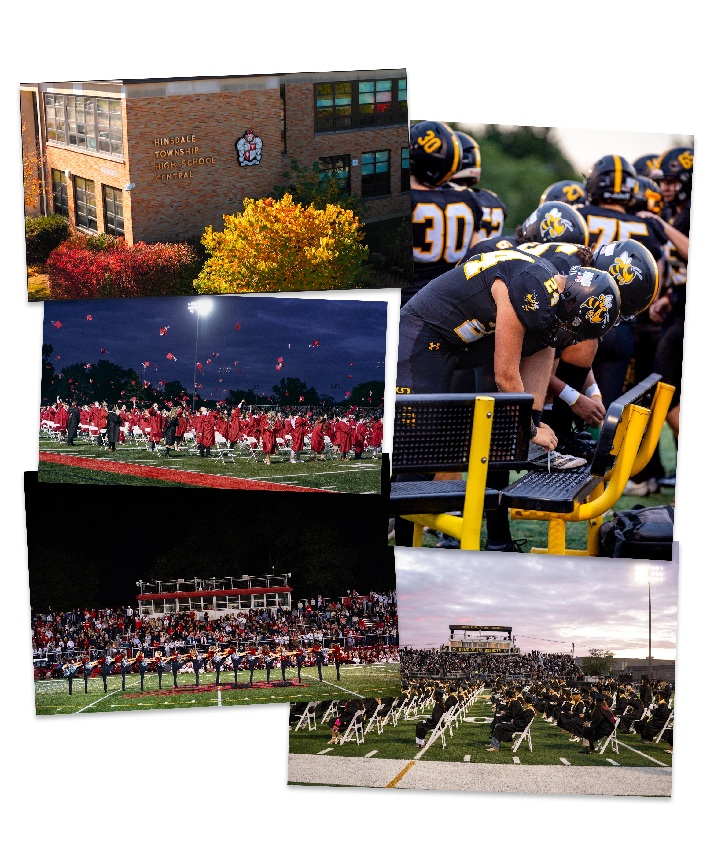 Hinsdale Central High School and Hinsdale South High School events by Skorynko Media Group: school building with fall foliage, graduation ceremony with caps in air, football team huddle, cheerleaders, and stadium crowd.