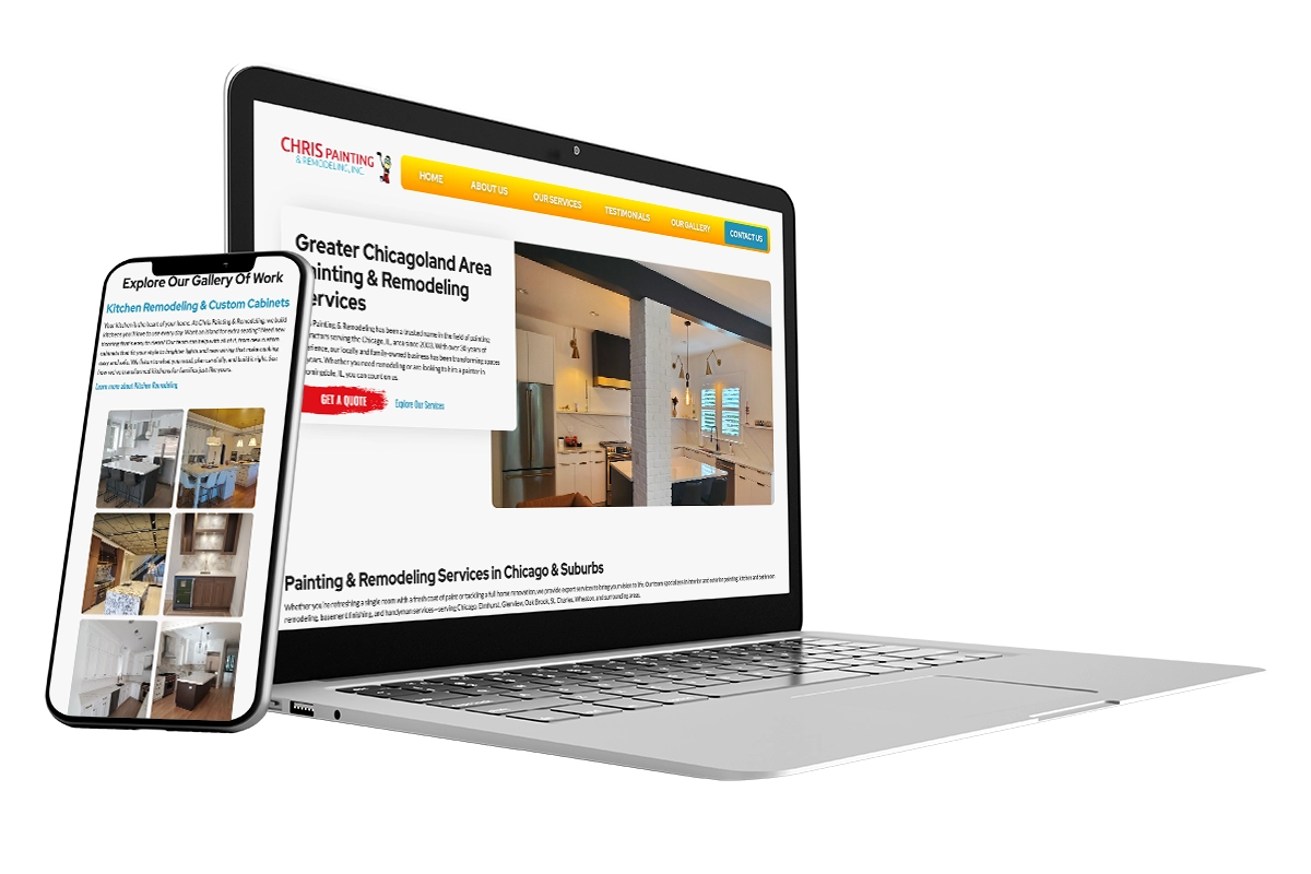 mobile phone and laptop displaying the website homepage and project photo page for Chris Painting and Remodeling website completed by Skorynko Media Group
