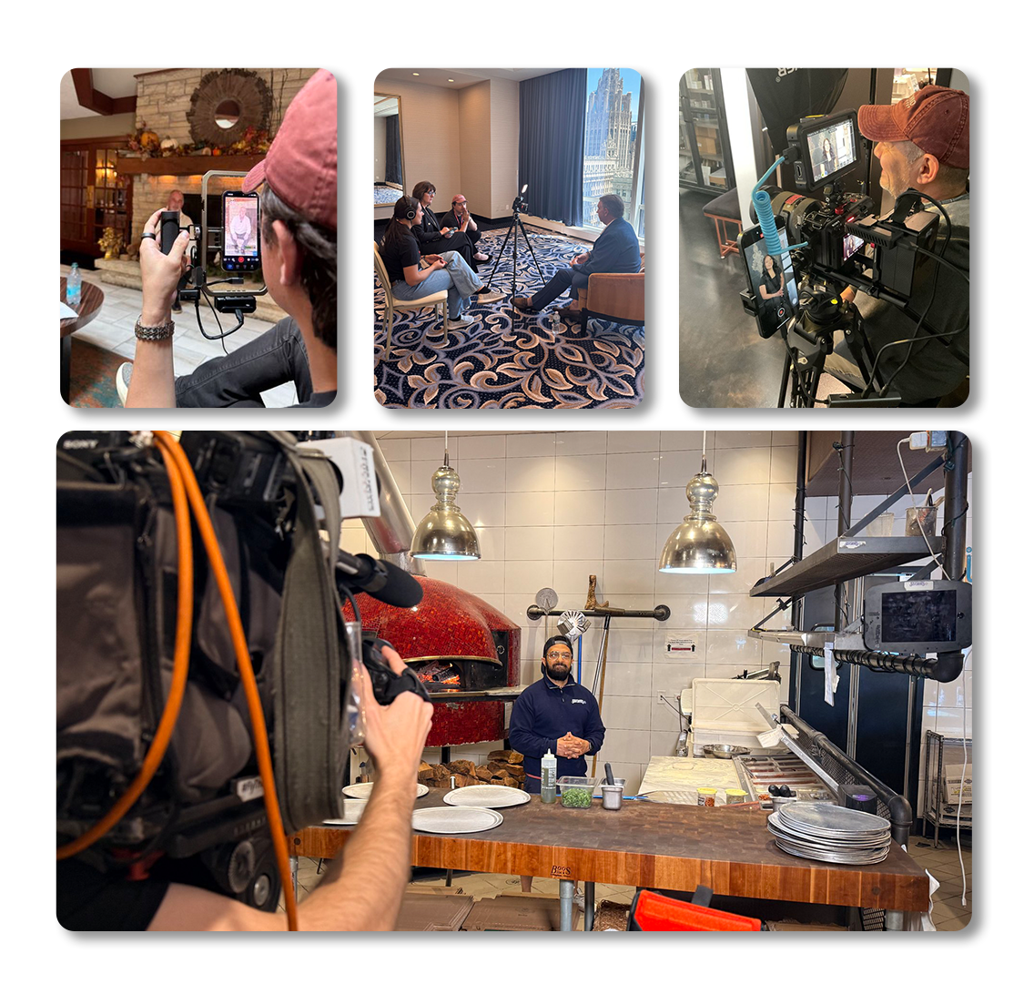 Collage of professional behind-the-scenes video production by Skorynko Media Group. Top row shows interview setups and camera crews filming clients; bottom image captures a cameraman filming a restaurant owner in a busy kitchen with a wood-fired pizza oven. (Chicagoland small business media production)